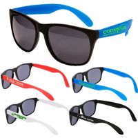 Promotional Neon Sunglasses. Logo Printed Neon Rubber Flexible Sunglasses in Various Styles and Colors. Blue Brothers, Cool Shades, Handle Imprint, College, Sorority, Fraternity Styles, UV, Party Picnic Styles.